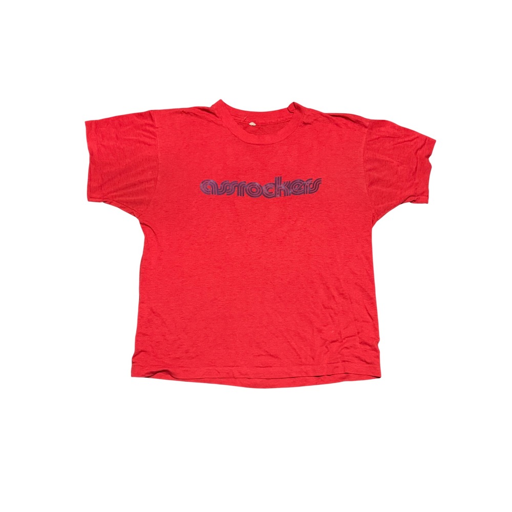Vintage 80s Screen Stars Assrockers Graphic T-Shirt Red Single Stitch Large
